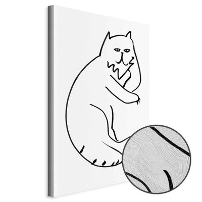 Schuin productaanzicht van Cat relaxing. Het motief loopt door over de randen van het canvas. Een ronde detailopname toont het reliëf van het geloppervlak.