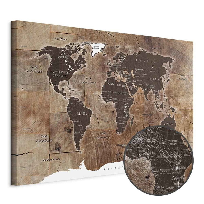 Produktvy av World map wooden mosaic. En rund detaljförstoring visar den strukturerade gelytan.