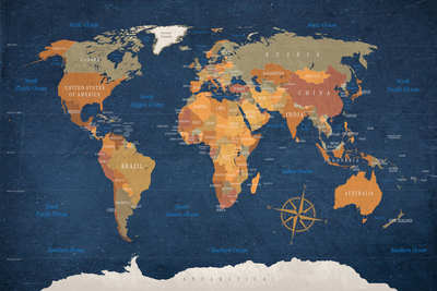 Vooraanzicht van World map ink oceans. De volledige gedrukte compositie is te zien zonder het schuine productaanzicht of de detailopname van het geloppervlak.