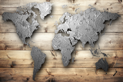 Vooraanzicht van Silver world. De volledige gedrukte compositie is te zien zonder het schuine productaanzicht of de detailopname van het geloppervlak.