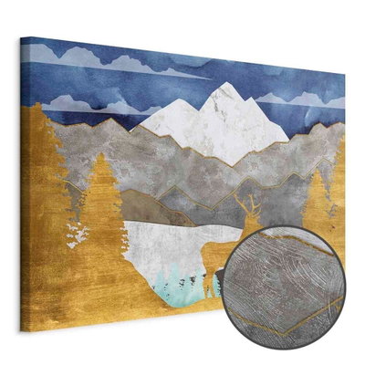 Schuin productaanzicht van Golden land wide. Het motief loopt door over de randen van het canvas. Een ronde detailopname toont het reliëf van het geloppervlak.