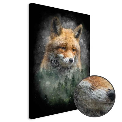 Schuin productaanzicht van Forest life. Het motief loopt door over de randen van het canvas. Een ronde detailopname toont het reliëf van het geloppervlak.