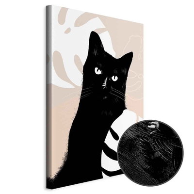 Schuin productaanzicht van Cat in monsteras. Het motief loopt door over de randen van het canvas. Een ronde detailopname toont het reliëf van het geloppervlak.