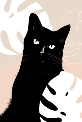 Vooraanzicht van Cat in monsteras. De volledige gedrukte compositie is te zien zonder het schuine productaanzicht of de detailopname van het geloppervlak.