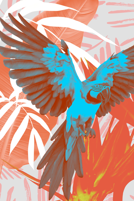 Vooraanzicht van Exotic wings - parrot among. De volledige gedrukte compositie is te zien zonder het schuine productaanzicht of de detailopname van het geloppervlak.