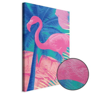 Schuin productaanzicht van Pink flamingo - abstract. Het motief loopt door over de randen van het canvas. Een ronde detailopname toont het reliëf van het geloppervlak.