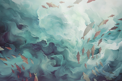 Vooraanzicht van Fish in the ocean. De volledige gedrukte compositie is te zien zonder het schuine productaanzicht of de detailopname van het geloppervlak.