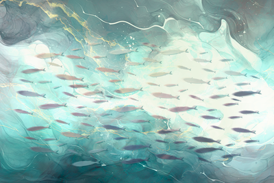 Vooraanzicht van School of small fish. De volledige gedrukte compositie is te zien zonder het schuine productaanzicht of de detailopname van het geloppervlak.