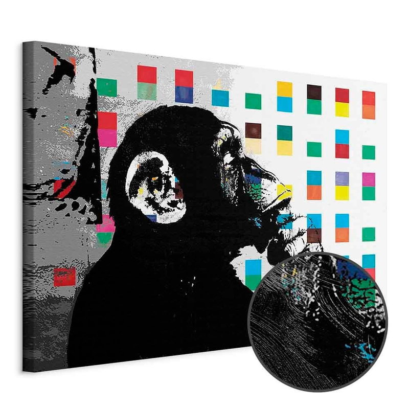Produktvy av Banksy the thinker monkey. En rund detaljförstoring visar den strukturerade gelytan.