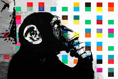 Vooraanzicht van Banksy the thinker monkey. De volledige gedrukte compositie is te zien zonder het schuine productaanzicht of de detailopname van het geloppervlak.