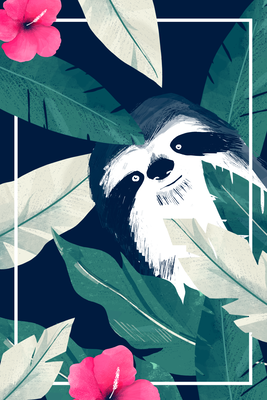 Vooraanzicht van Sloth in the tropics. De volledige gedrukte compositie is te zien zonder het schuine productaanzicht of de detailopname van het geloppervlak.