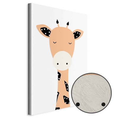 Schuin productaanzicht van Funny giraffe. Het motief loopt door over de randen van het canvas. Een ronde detailopname toont het reliëf van het geloppervlak.
