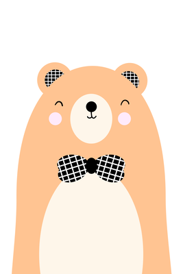 Vooraanzicht van Teddy bear in bow tie. De volledige gedrukte compositie is te zien zonder het schuine productaanzicht of de detailopname van het geloppervlak.