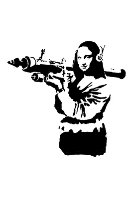 Vooraanzicht van Banksy mona lisa with rocket. De volledige gedrukte compositie is te zien zonder het schuine productaanzicht of de detailopname van het geloppervlak.