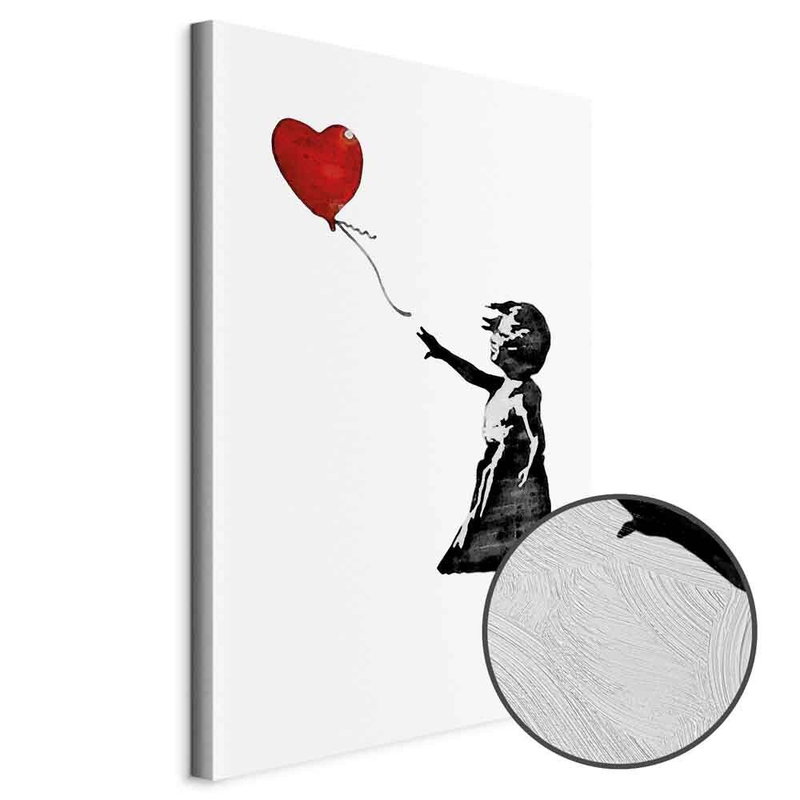 Produktvy av Banksy girl with balloon. En rund detaljförstoring visar den strukturerade gelytan.