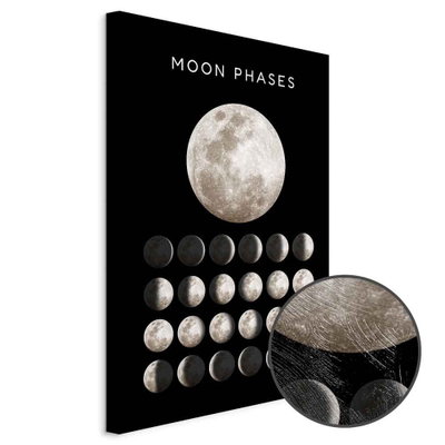 Schuin productaanzicht van Moon phases. Het motief loopt door over de randen van het canvas. Een ronde detailopname toont het reliëf van het geloppervlak.
