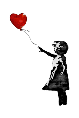 Vooraanzicht van Banksy girl with balloon. De volledige gedrukte compositie is te zien zonder het schuine productaanzicht of de detailopname van het geloppervlak.