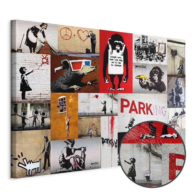 Produktvy av Banksy - collage. En rund detaljförstoring visar den strukturerade gelytan.