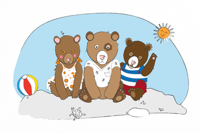Vooraanzicht van Teddy bears on the beach. De volledige gedrukte compositie is te zien zonder het schuine productaanzicht of de detailopname van het geloppervlak.