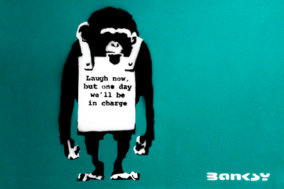 Vooraanzicht van Angry monkey. De volledige gedrukte compositie is te zien zonder het schuine productaanzicht of de detailopname van het geloppervlak.