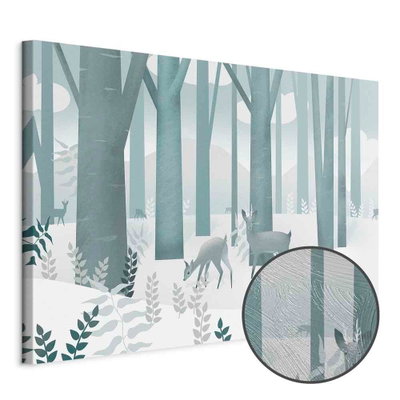 Schuin productaanzicht van Fairy-tale forest - first. Het motief loopt door over de randen van het canvas. Een ronde detailopname toont het reliëf van het geloppervlak.