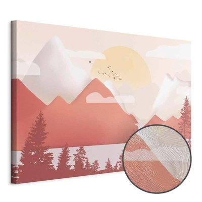 Schuin productaanzicht van Landscape at sunset wide. Het motief loopt door over de randen van het canvas. Een ronde detailopname toont het reliëf van het geloppervlak.