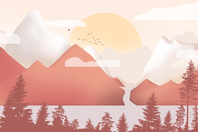 Vooraanzicht van Landscape at sunset wide. De volledige gedrukte compositie is te zien zonder het schuine productaanzicht of de detailopname van het geloppervlak.