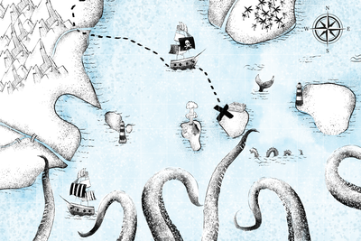 Vooraanzicht van Treasure map wide. De volledige gedrukte compositie is te zien zonder het schuine productaanzicht of de detailopname van het geloppervlak.