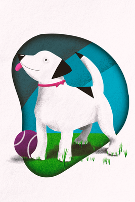 Vooraanzicht van Dog and ball. De volledige gedrukte compositie is te zien zonder het schuine productaanzicht of de detailopname van het geloppervlak.