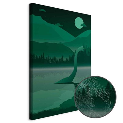 Schuin productaanzicht van Loch ness. Het motief loopt door over de randen van het canvas. Een ronde detailopname toont het reliëf van het geloppervlak.