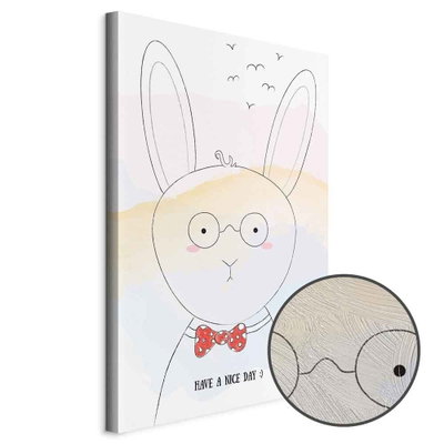 Schuin productaanzicht van Greetings from rabbit. Het motief loopt door over de randen van het canvas. Een ronde detailopname toont het reliëf van het geloppervlak.