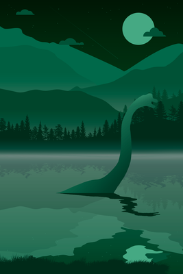 Vooraanzicht van Loch ness. De volledige gedrukte compositie is te zien zonder het schuine productaanzicht of de detailopname van het geloppervlak.