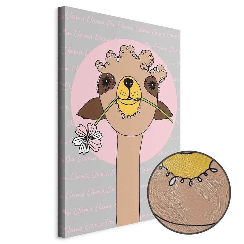 Produktvy av Happy llama. En rund detaljförstoring visar den strukturerade gelytan.