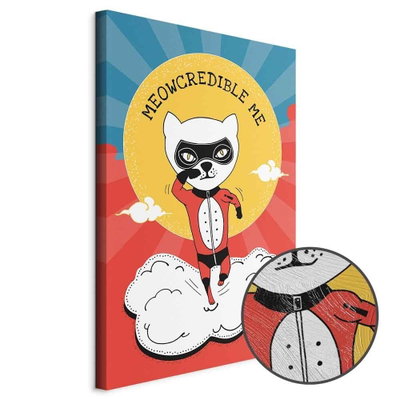 Schuin productaanzicht van Dear cat. Het motief loopt door over de randen van het canvas. Een ronde detailopname toont het reliëf van het geloppervlak.