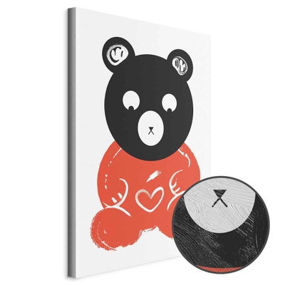 Schuin productaanzicht van Thoughtful bear. Het motief loopt door over de randen van het canvas. Een ronde detailopname toont het reliëf van het geloppervlak.