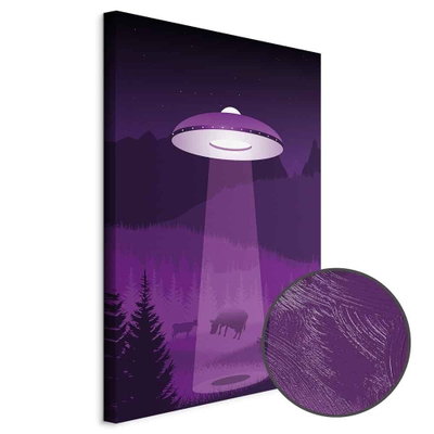 Schuin productaanzicht van Ufo. Het motief loopt door over de randen van het canvas. Een ronde detailopname toont het reliëf van het geloppervlak.