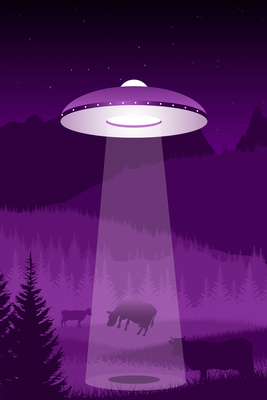 Vooraanzicht van Ufo. De volledige gedrukte compositie is te zien zonder het schuine productaanzicht of de detailopname van het geloppervlak.