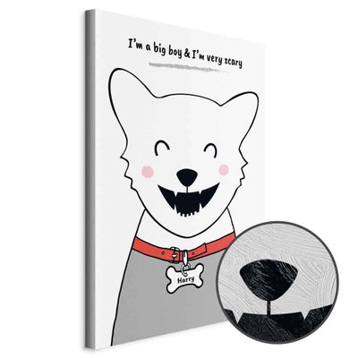 Schuin productaanzicht van Doggy harry. Het motief loopt door over de randen van het canvas. Een ronde detailopname toont het reliëf van het geloppervlak.