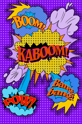 Vooraanzicht van Kaboom. De volledige gedrukte compositie is te zien zonder het schuine productaanzicht of de detailopname van het geloppervlak.