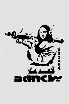 Vooraanzicht van Contrast duel - banksy on. De volledige gedrukte compositie is te zien zonder het schuine productaanzicht of de detailopname van het geloppervlak.