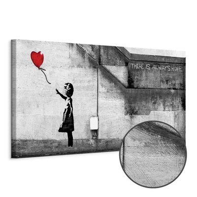 Schuin productaanzicht van There is always hope narrow. Het motief loopt door over de randen van het canvas. Een ronde detailopname toont het reliëf van het geloppervlak.