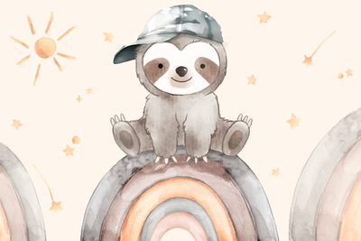Vooraanzicht van Happy sloth - sloth in. De volledige gedrukte compositie is te zien zonder het schuine productaanzicht of de detailopname van het geloppervlak.