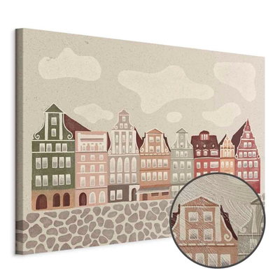 Schuin productaanzicht van Salt - colorful illustrated. Het motief loopt door over de randen van het canvas. Een ronde detailopname toont het reliëf van het geloppervlak.