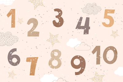 Vooraanzicht van Jumping numbers - numbers in. De volledige gedrukte compositie is te zien zonder het schuine productaanzicht of de detailopname van het geloppervlak.