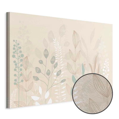 Schuin productaanzicht van Morning in the meadow -. Het motief loopt door over de randen van het canvas. Een ronde detailopname toont het reliëf van het geloppervlak.