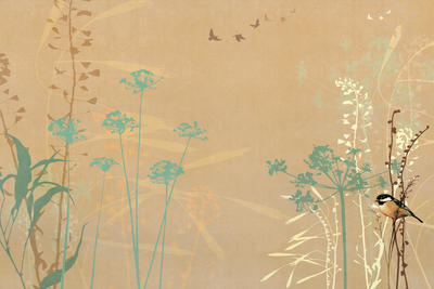 Vooraanzicht van Tiny bird - colorful grasses. De volledige gedrukte compositie is te zien zonder het schuine productaanzicht of de detailopname van het geloppervlak.