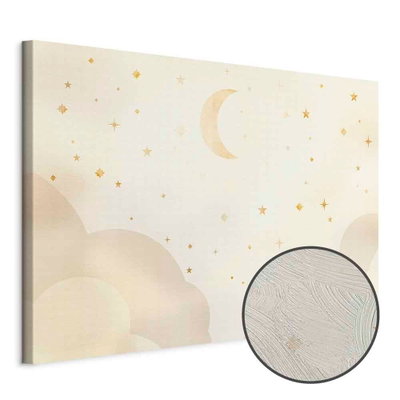 Schuin productaanzicht van Bright night - moon. Het motief loopt door over de randen van het canvas. Een ronde detailopname toont het reliëf van het geloppervlak.