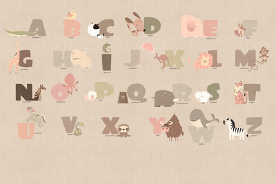 Vooraanzicht van Alphabet at the zoo - joyful. De volledige gedrukte compositie is te zien zonder het schuine productaanzicht of de detailopname van het geloppervlak.