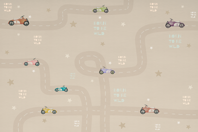 Vooraanzicht van Race - colorful cars on a. De volledige gedrukte compositie is te zien zonder het schuine productaanzicht of de detailopname van het geloppervlak.