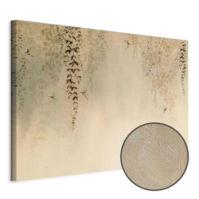 Schuin productaanzicht van Spring orchard -. Het motief loopt door over de randen van het canvas. Een ronde detailopname toont het reliëf van het geloppervlak.